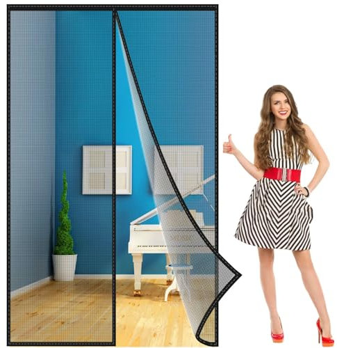 Door Screen Magnetic Closure 350x345 cm, Retractable Mesh with Self Sealing Magnets, Heavy Duty for Sliding Doorways, Keeps Nature Out Black, Reinforced