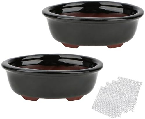 2er Set Zisha Keramik Bonsai Topf Glasiert Flach Sukkulenten Übertopf Schwarz