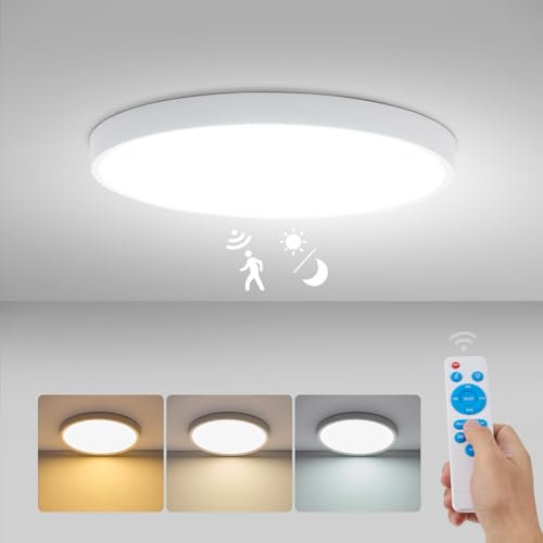 Bojim Plafonnier LED avec Détecteur de Mouvement Radar, 24W Lampe de Plafond Rond avec Télécommande et Capteur Crépusculaire, 3000K/4000K/6000K Luminaire Plafonnier pour Couloir Escalier Balcon, 30cm