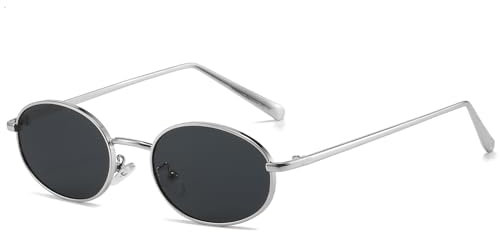 Ggpyyon Ovale Retro-Sonnenbrille für Damen und Herren, klassische Vintage-90er-Hippie-Sonnenbrille mit Metallrahmen, silberfarben/grau
