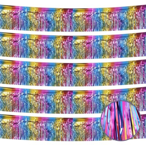 Ohiyoo 5 Stück Regenbogen-Folien-Fransengirlande, 15 m, Wandbehang, Lametta-Fransenbanner, Metallic-Lametta-Luftschlangen für Parade, Floats, Geburtstagsparty, Halloween, Weihnachten,