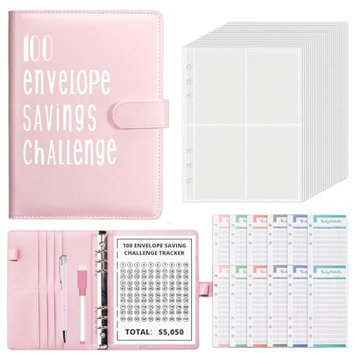 Cash Binder Spar-Herausforderung, 100 Briefumschläge Challenge Binder, Geldsparbinder Budget Planner mit Budgetblättern und Stift, A5 Umschlag-Challenge-Ordner für Büros Zuhause Schule (Rosa)