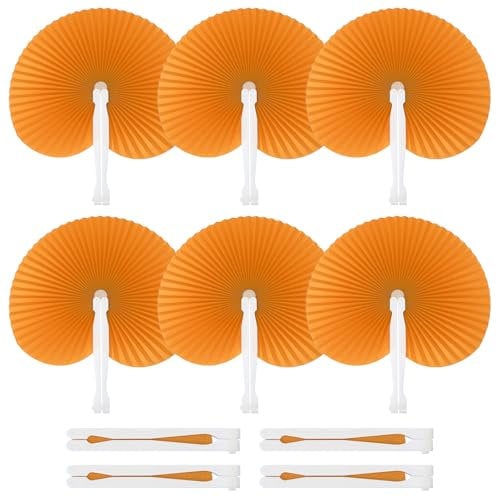 PATIKIL Round Shaped Paper Hand Fans, 20 Pack Bulk Folding Fan Handheld with Plastic Fan Handles for Wedding Party Decoration Birthday Guest Favors DIY Supplies, Orange