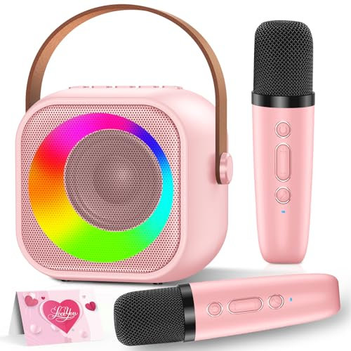 Karaoke per Bambini con 2 Microfono, Regalo Bambina 3-12 Anni Microfono Karaoke Giochi Bambina 3-12 Anni, Macchina Karaoke Portatile con luce LED, Microfono Bluetooth Bambina Canta tu Karaoke