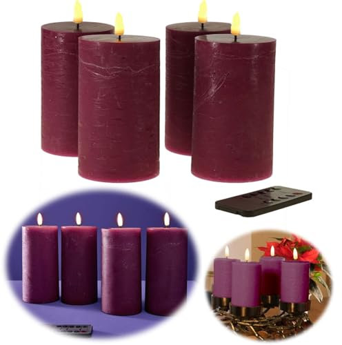 LS-LebenStil Exklusive 3D LED Stumpenkerzen 4´er Set Lila 15cm mit Timer Dimmer Fernbedienung flackernde Kerze bewegliche Flamme batteriebetrieben flammenlos Weihnachten Dek Hochzeit Advent Batterie