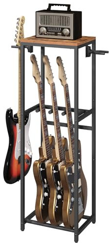 MAHANCRIS Gitarrenständer, 2-Stöckiger Gitarrenständer für Akustikgitarre, E-Gitarre, Bass, Ukulele, Banjo, mit Gitarrenzubehörständer, EVA-Schutzfolie, Braun und Schwarz AGSHR6301