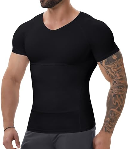SLIMBELLE Body Shaper per Gli Uomini con Scollo a V Elastico Dimagrante Vita Trainer Controllo Pancia Compressione Camicia da Uomo Strato (IT, Testo, XXL, Regular, Regular, Nero)