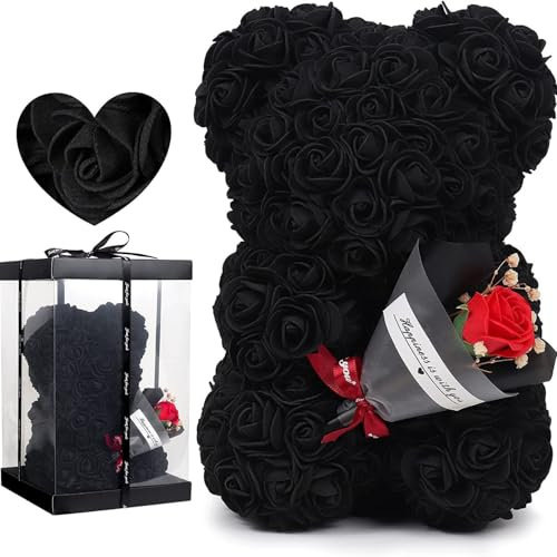 CH HIUBIE Ours de rose - Boîte cadeau pour la Saint-Valentin, un anniversaire, la fête des mères, Noël, les anniversaires, les fêtes de mariage - Entièrement fait à la main (noir + boîte cadeau, 1)