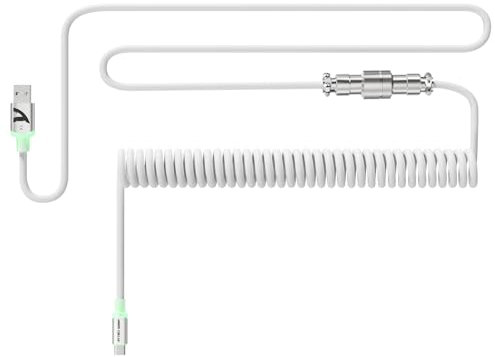 ATTACK SHARK C01Ultra Spiral Tastaturkabel mit RGB-Beleuchtung, Custom TPU Coiled USB C Kabel für 8KHz Mechanische Tastatur, Typ C auf USB-A, Abnehmbarem 4-Pin Metall Luftfahrtstecker, 56.5In-Weiß