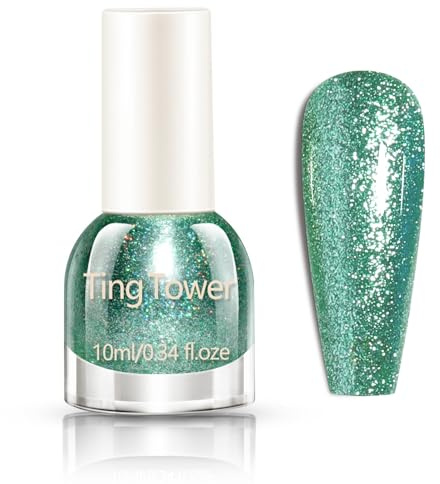 Glitter Nail Polish - Sparkly Green Nail Polish - 10mL Quick Dry Nail Varnish - High Glossy Shimmer Nail Varnish For Women Girls - No Need Cure 7 Days Lasting