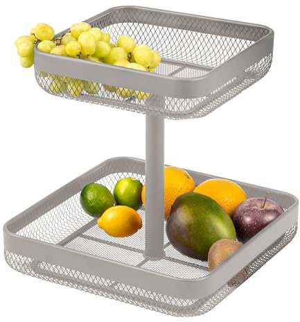 eluno 2-stöckige eckige Obstetagere/Brotkorb, Etagere, Obstschale, Obstkorb aus Metall, viel Platz für die übersichtliche Lagerung von Obst, Gemüse, Brot und Snacks in Küche und Wohnzimmer (Taupe)