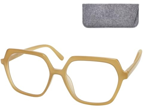 Mini Brille Lesebrille mit Filz-Etui, Sechseckig Oversize für Damen | Große geometrische Damen-Lesehilfe mit klarer Nahsicht, markantem Vollrand-Design und Etui für unterwegs