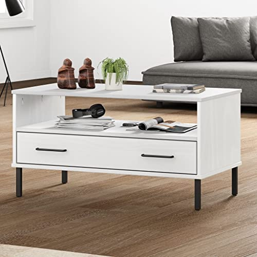 AJJHUUKI Couchtisch mit Metallbeinen, weiß, 85 x 50 x 45 cm, Massivholz, OSLO-Möbel, Tische, Akzenttische, Couchtische