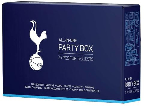 England Football Club Official 75pcs Party Supplies Box for 6 Guests, incl. Disposable Tableware Set w/Cutlery, Decorations & Party Favors | Perfect for birthday match celebrate (Tottenham)