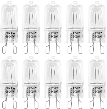 Solryn 10 Stück Halogen G9 40W, Halogen Leuchtmittel G9 230V, Warmweiß 2700K Dimmbar 500°C Hitzebeständige, Oven Lampe für Backofen Kühlschrank Mikrowelle Dunstabzugshaube