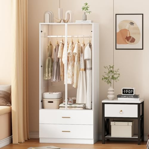 Teahutty Kleiderschrank mit 2 Schubladen und 2-türig, Holzwerkstoff Garderobenschrank mit LED und Kleiderstange, Kleiderständer, Flurschrank, Ankleidezimmer Schrank, 80x50x175 cm (Weiß, 80x50x175 cm)