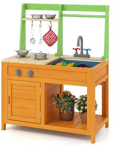 FANTASK Matschküche Holz Outdoor, Spielküche mit Zubehör, Kinderküche mit realistischen Herden & Wasserhahn & Spüle & Ofen, Gartenküche für Kinder ab 3 Jahren