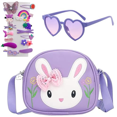 HTTDSLF Kinder Umhängetasche Mädchen Kleine Handtaschen, Niedlicher Hase CrossBody Tasche, Kinderhandtaschen mit Verstellbarem Gurt, Brille & Haarklemmer, Umhängetasche Kinder