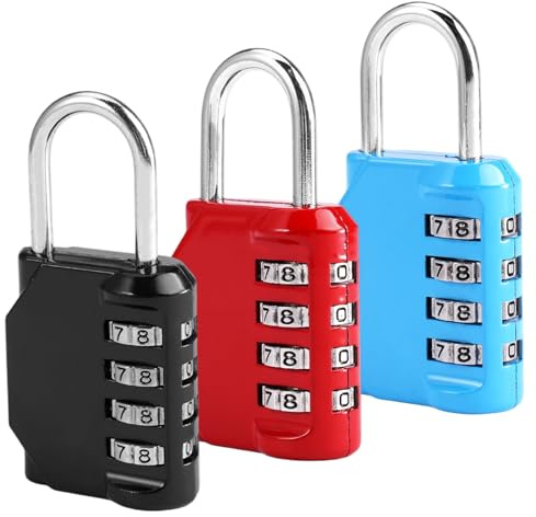 3 Piezas Candado de Combinación de 4 Dígitos, para Taquillas, Gimnasio | Candado Taquilla Gimnasio, Candados Combinacion, Impermeable, Reiniciable, para Maleta Viaje, Gabinete (Negro, Rojo, Azul)