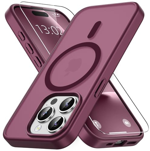 Vansdon Magnetic Case for iPhone 15 Pro Max - Wine Red | Incl 1 Tempered Glass, MagSafe Compatible, Military-Grade Drop Protection, Slim Translucent Matte Shockproof Case