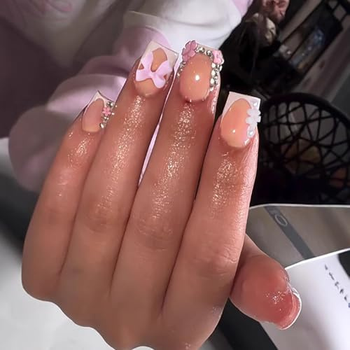 White French Tip Press On Nails - 24Pcs Short Square False Nails - Nude Base with Pink Bow Charm & Dainty Nail Rhinestones - Full Cover Acrylic Fake Nails with Glue - Stick On Nails for Women