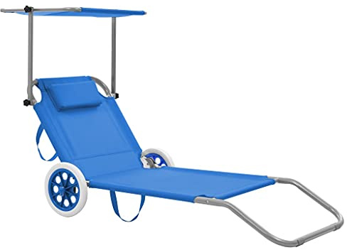 Frdhee Campingliege Schaukelsessel Schwebeliege,Klappliege mit Sonnenschutz und Rädern Stahl Blau,Für Balkon,Terrasse,Camping,Breite Anwendbarkeit