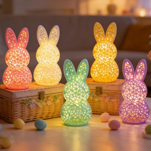 Osterdeko Hasen Lampe, 3D-Druck Hasenlampe Osterhase Deko mit LED Licht Osterdeko Tisch Kunststoff Nachtlicht Hase Nachtlampe Osterhasen Figuren Osterlicht für Frühlingsdeko Ostergeschenke (5PCS)