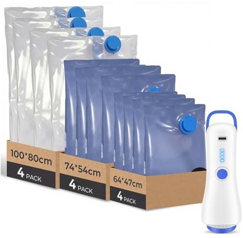 Raplink Paquete de 12 bolsas de almacenamiento al vacío (4 de 100 x 80 cm, 4 de 74 x 54 cm y 4 de 64 x 47 cm) con bomba eléctrica y doble cremallera, impermeables y herméticas.
