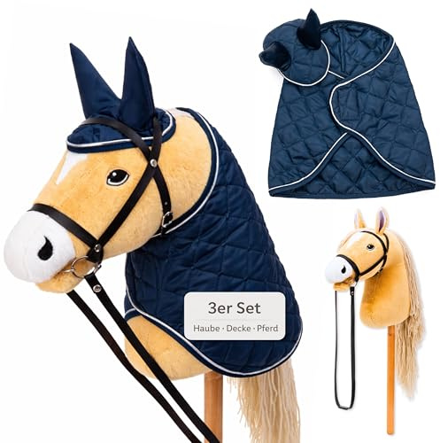 Hoofly® Hobby Horse Set – Großes Steckenpferd für Kinder mit Decke & Fliegenhaube | Komplettes Hobby Horsing Set mit Trense & 35 cm Schraubstab | Beiges Pferd – Blaues Zubehör
