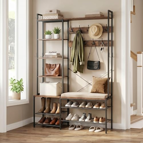 EGGREE Meuble d’Entrée avec Banc et Porte-Manteau,Vestiaire 6 en 1 avec Porte Chaussures,Banc à Chaussures, 5 Étagères de Rangement, 9 Patères et 8 Crochets,120 x 40 x 190 cm, Marron Rustique et Noir