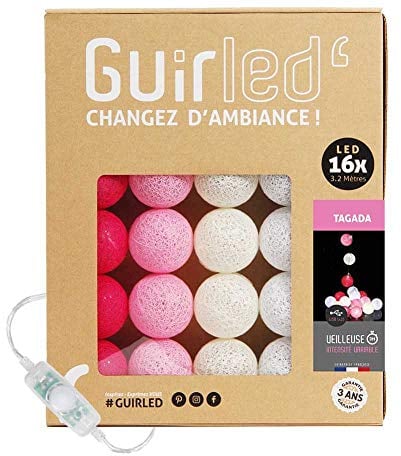 GuirLED - Guirlande lumineuse boules coton LED USB - Veilleuse bébé 2h - Adaptateur secteur double USB 2A inclus - 3 intensités - 16 boules 1.6m - Tagada