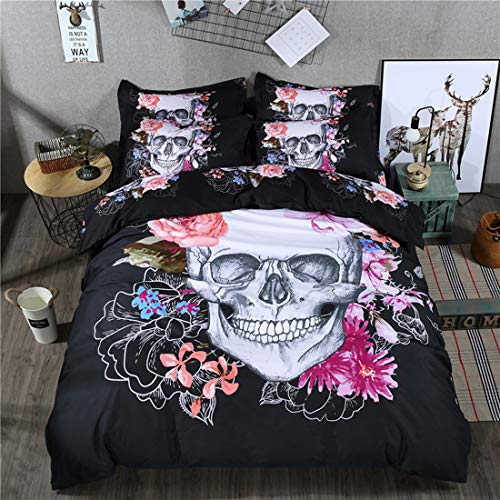 Bettwäsche Set 3D Print Floral Skull Bettwäsche-Sets Skull Bettbezug mit Kissenbezug oder Bettwäsche Blatt mit Reißverschluss Schließung Ganzjahres Bettwäsche-Set (Stil 2 #, Einzelbett Size 135x200cm)