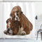 ABAKUHAUS Englische Bulldogge Duschvorhang, Vater und Sohn, Stoffliches Gewebe Badezimmerdekorationsset mit Haken, 175 x 200 cm, Schwarz Braun Weiß