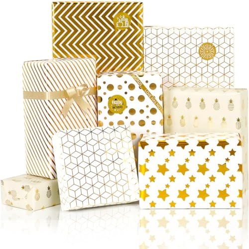 6 Blatt Geschenkpapier Geburtstag, Stern Dots Geschenkpapier Folie Gold für Männer Kinder Frauen Mädchen, Geschenkverpackung Papier für Geburtstag Weihnachten Valentinstag, 50CM x 70CM