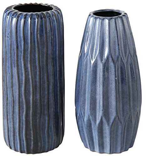 WHW Whole House Worlds Iconic Scandi Ripple Vasen, 2er-Set, Blue Indigo, handgefertigt, handglasiert, Porzellan, Knisterfalten-Oberfläche, rustikaler moderner Stil, je 10,2 cm Durchmesser x 24,1 Höhe