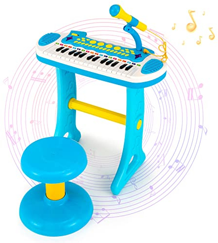 GOPLUS Clavier de Piano à 31 Touches pour Enfant, Jouet Piano Électronique avec Tabouret et Microphone, 22 Démos, pour Garçons et Filles 3+ Ans et Plus (Bleu)