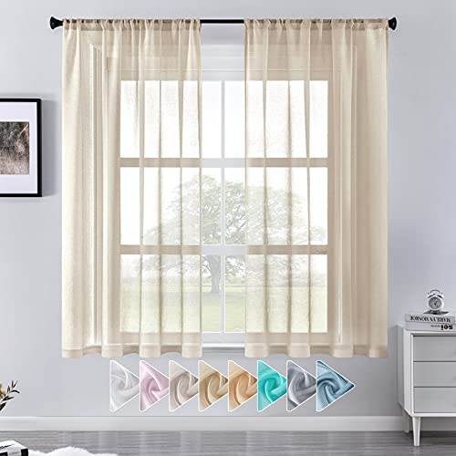 CUTEWIND 2 Pièces Rideau Voilage Beige Semi-Transparent Rideaux 140×160cm Moderne Voilages Intérieurs Effect Lin Passe Tringle Prêt à Poser Tamisant pour Salon Cuisine Petites FenêTres Chambre Fille