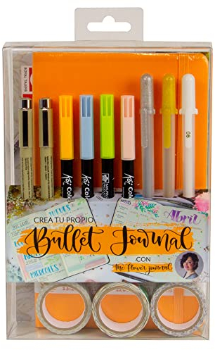 Talens Set selbst erstellte Bullet Journal (orange) mit The Flower Journal, Punkteblock, 2 feine Spitzen, 3 Gelstifte, 4 Pinselstifte, 3 Washi-Tape, Schritt-für-Schritt-Handbuch