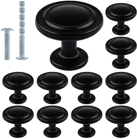Kalolary Black Kitchen Cabinet Knobs 1-1/4 Inch Round Drawer Handles Single Hole Cabinet Knobs for Dresser Drawers Bathroom Cabinet Hardware - 10 Pack