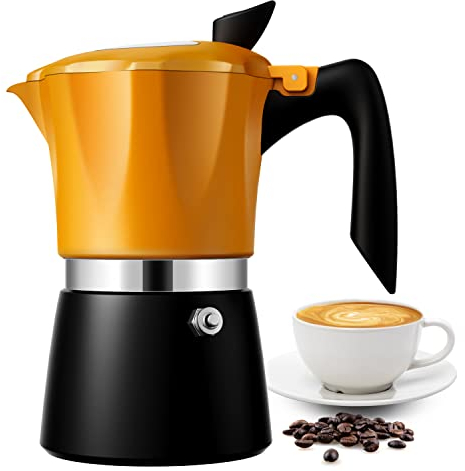 TWOMEOW Stovetop Coffee Maker Espresso Italian Moka Pot with Transparent Top Lid, 300ml-6 Espresso Cups, Classic Aluminium Coffee Percolator, Orange/Black