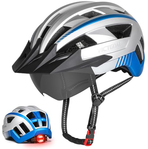 VICTGOAL Bike Helmet MTB Helmet with Removable Magnetic Goggles Detachable Sun Visor and LED Rear Light Road Bike Helmet for Adult Men Women Safety Helmet (Silver, XL: 59-63 cm)