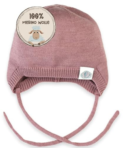 MIRARI Kids Warme Babymütze gestrickt aus 100% Merinowolle I Unisex Strickmütze mit Ohrenklappen und Bindebändern I weiche Baby Wollmütze ohne Futter (Dunkelrosa, 6M (40-44))