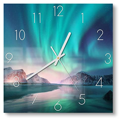 DEQORI Glasuhr | 30x30 cm | Motiv Das Nordlicht der Lofoten | ausgefallene leise Design Uhr aus Glas | Wanduhr für Wohnzimmer & Küche | moderne Hingucker Uhr für die Wand