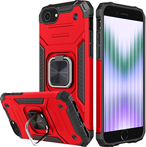 Honeyview ShockProof Case for iPhone SE 2020/2022, iPhone 8/7/6s/6 with Ring Kickstand, Bumper Armour Phone Cover for Apple iPhone SE 2nd 3rd Generation - Red