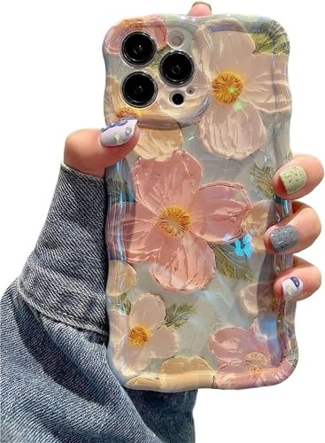 EYZUTAK Handyhülle für iPhone 14 Pro,Bunte Vintage Ölgemälde Blume Handyhülle mit Glitzer Laserblume Hülle Lockiges Silikon Case mit Anti-Kratzen Stoßfeste Schutzhülle Bumper Cover-Grün