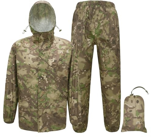 Tongcamo Tute da pioggia per uomini impermeabili - Giacca e pantaloni antipioggia per adulti, impermeabile leggero e traspirante con cappuccio per la caccia Cp Camo per il lavoro in motocicletta