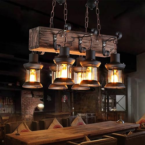 MyLjp Vintage Pendellampe E27 Retro Pendelleuchte Rustikale Holzbalken Edison Hängende Deckenleuchte Hölzerne Art-Hängende Höhenverstellbar Industrielle Loft Bar Küche Esszimmer Industrie Hängelampe