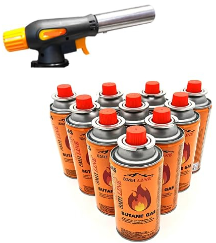 SMH LINE® Brenneraufsatz inkl. 4 Gaskartuschen Butan Brenner Bunsenbrenner Gas Lötbrenner Gasbrenner Flambiergerät Lötlampe Gaskartuschen