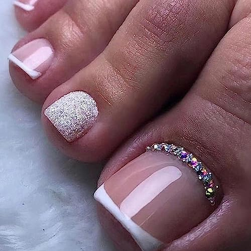 Square Fake Toe Nail Short, 24Pcs White French False Toenail, Glitter Press on Toenail with Diamond, Glitter French Nail Tips with Nail Glue, Stick on Toenail for Women Girls Nail Art (F065)