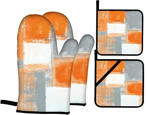 Lot de 4 maniques et maniques orange et gris - Art abstrait moderne - Gants de four - Maniques et gants de four pour la cuisine, la cuisson et les grillades (orange)